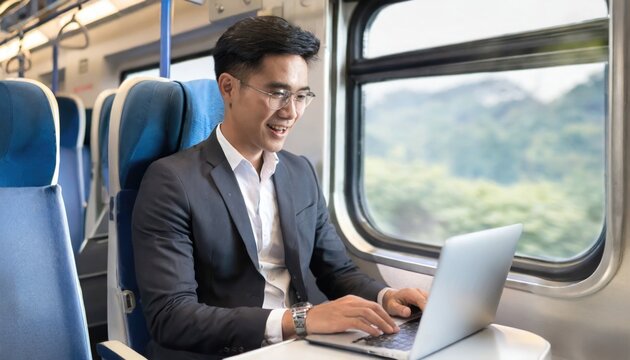 Smiling young businessman working on laptop while traveling on passenger train