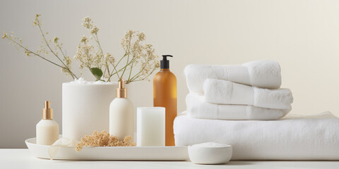 Collection of spa, lotions, soaps and towels