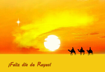 Fototapeta na wymiar Felicitación, Reyes Magos, ilustración, navidad, sol, cielo anaranjado