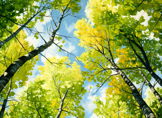Fototapeta premium Open canopy trees with green foliage looking into the sky, green and yellow sycamores.