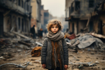Child in an abandoned and destroyed city in the zone of military and military conflicts. The concept of social problems of homeless children.