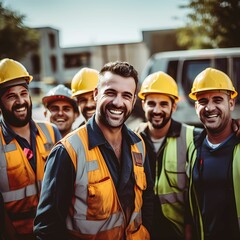 Group of smiling construction workers - obrazy, fototapety, plakaty