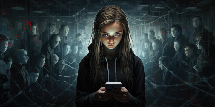 Illustration depicting the dangers of the Internet with Teenagers using laptops surrounded by online Demons and Trolls