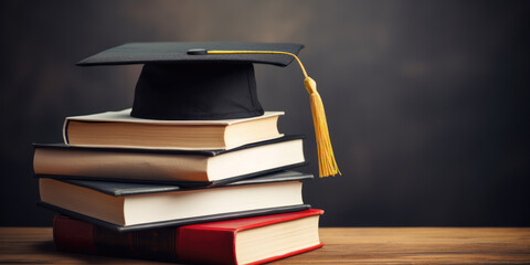 Student mortar board on college textbooks