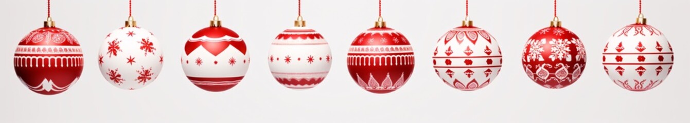 a red and white pattern of red christmas ornaments hanging from strings, of logo, tras y figuras, hanging scroll, happycore - obrazy, fototapety, plakaty