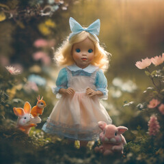 Wonderland. A little girl in a wonderful country, a magical forest of toys, bunnies and fairies
