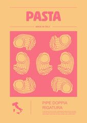 Italian macaroni types, labels for packages set. Pipe doppia rigatura pasta. Organic and natural product, gourmet ingredient for cooking dishes. Handmade and tasty. Vector in flat style