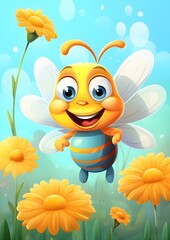 cartoon bee, cartoon character, cute bee, illustration, kind insect, eats honey, collects pollen and nectar, beekeeping
