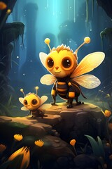 Fototapeta na wymiar cartoon bee, cute bee, illustration, insect, eats honey, collects pollen and nectar, beekeeping consept