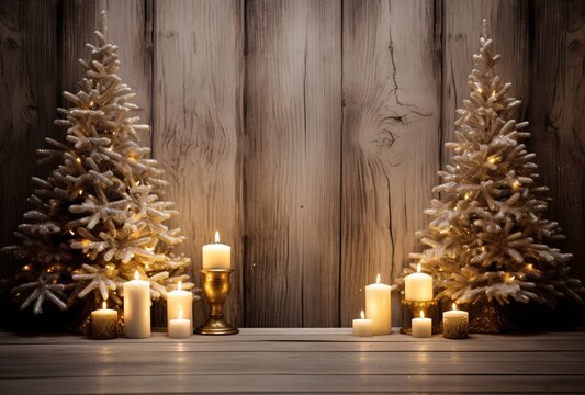 christmas tree on a wood background with candles, snow scenes, golden light, gold and beige, vibrant stage backdrops, white and brown