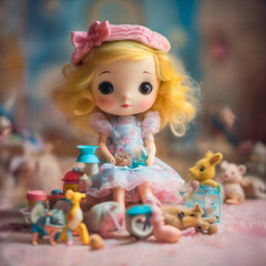 Wonderland. A little girl in a wonderful country, a magical forest of toys, bunnies and fairies
