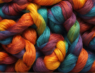 Closeup of deep rich jewel tone rainbow colored twisted yarn