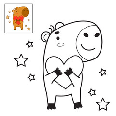 Cute capybara hugging heart. Vector illustration. Funny animal character rodent. linear hand drawing, coloring book. kids collection.