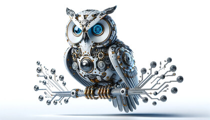 robotic owl, meticulously detailed with silver and gold mechanical parts. Its eyes glow with a soft blue hue, and it perches on a digital branch with circuits running through it