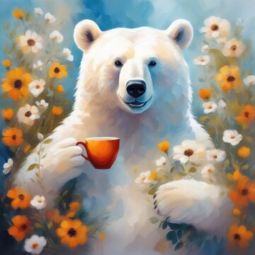 Coffee Lover's Dream: White Bear and Flowers