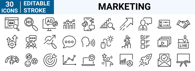 set of 30 line web icons Digital marketing. Seo. Containing business and marketing, traffic, ranking, optimization. Editable stroke.
