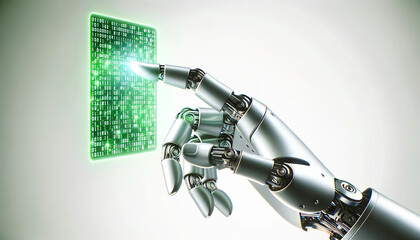 modern robotic hand, silver in color, reaching out to touch a glowing digital screen displaying binary code in green