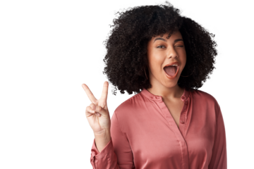 Excited, portrait and woman with peace sign, wink and isolated on a transparent png background. Face, v hand gesture and happy African model with emoji for success, victory and achievement of winner.