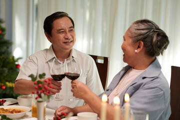 Smiling senior Vietnamese couple celebrating Christmas at home