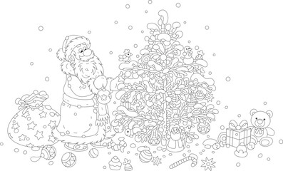 Happy Santa Claus decorating his Christmas tree with holiday toys, balls and sweets, black and white outline vector cartoon illustration for a coloring book