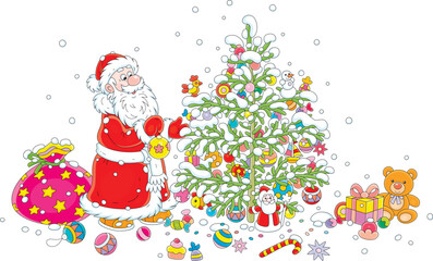 Happy Santa Claus decorating his green Christmas tree with colorful holiday toys, balls and sweets, vector cartoon illustration isolated on a white background