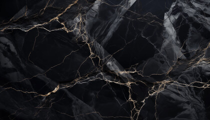 Black marble texture with white and gold lines created with a generative ai technology - obrazy, fototapety, plakaty
