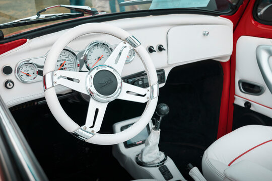 Interior of Volkswagen Fusca Beetle 1994 on display at a vintage car fair show in the city of Londrina, Brazil. Annual vintage car meeting.