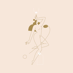 Female body vector illustration. Nude woman silhouette composition, geometric shapes feminine figure, boho colored contemporary design. Self care, body beauty concept for logo, branding. Modern art - 671012749