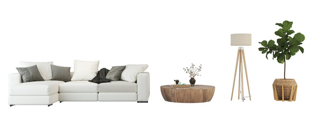 Interior furniture set 3D render. Livingroom house floor template background mockup design , isolated on transparent background