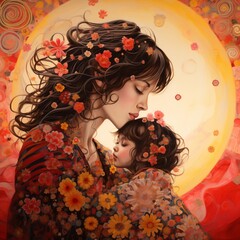 Portrait of loving mother with her daughter with flowers in the hair