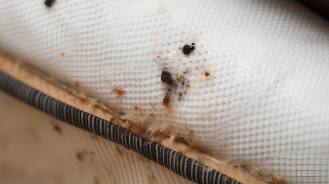 Bed bug infestation on a mattress. The markings are indicative of a widespread insect invasion, a common problem in Europe. Importance of regular pest control and cleanliness. Hygiene in hotel rooms