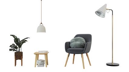 Interior furniture set 3D render. Living room house floor template background mockup design , isolated on transparent background