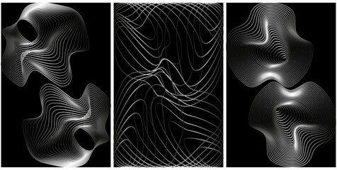 Set 3d abstract cyberpunk aesthetic y2k geometric elements and gradient wireframe shapes. Black and white retro line design. Vector illustration for social networks, web pages, banners and posters.