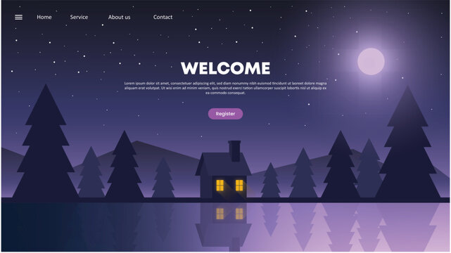 Vector Flat Misty Mountain Village at Night Landing Page Template