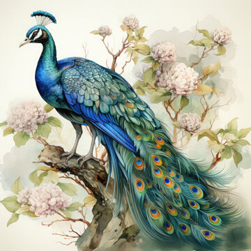 Watercolor peacock white background Clipart, Generative Ai