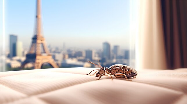A closeup image of a bed bug infestation on a mattress. France and Paris widespread problem of bedbugs insects. Bugs invasion in Europe and cleanliness importance to avoid and prevent from pests.