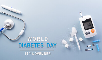 Healthcare and medical concept, Top view of blood glucose meter sets and stethoscope on pastel blue background. World Diabetes day, 14 November. - obrazy, fototapety, plakaty