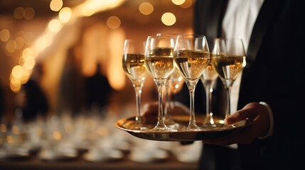 A waiter is holding a plate with sparkling wine to welcome people at an event. Glasses with champagne to toast. Drinks at a luxury party in a hotel. - obrazy, fototapety, plakaty