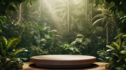 bright wooden podium set amidst a lush tropical forest,  Generative AI