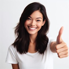 The girl gives a thumbs up isolated on white background