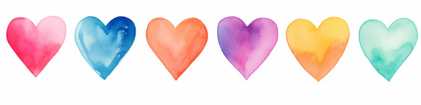 Watercolor Love Valentine Heart Set. Multicolour Hearts. Hand Painted Watercolour. Generative AI
