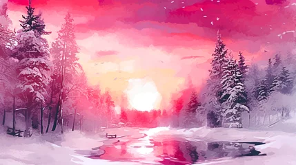 Foto op Plexiglas Watercolor winter landscape with pine trees and river illustration. Selective focus © Slava