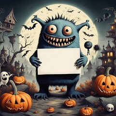 Cute happy monster holding blank sign