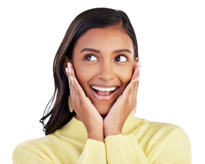 Wow, surprise and hands on Indian woman face happy on isolated, transparent or png background....