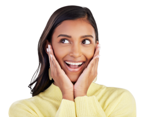 Wow, surprise and hands on Indian woman face happy on isolated, transparent or png background. Excited, celebration and lady winner with emoji smile for news, sale or coming soon promo announcement