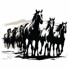 illustration of vector illustration of a herd of wild horses silhoue, Generative ai - obrazy, fototapety, plakaty
