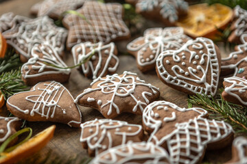 Ręcznie dekorowane ciastka z kolorowym lukrem ułożone na drewnianej desce w świątecznej aranżacji.