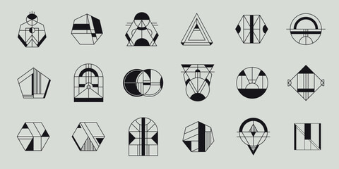 Vector set of geometric shape logos, hipster, art deco line signs. Minimal signs, design elements, arches, circles and hexagons