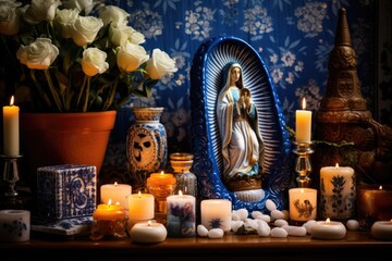 Christian altar with Virgin Mary statue decorated with flowers and candles. Las Posadas, Assumption, Solemnity, Visitation, Nativity of blessed Virgin mary celebration