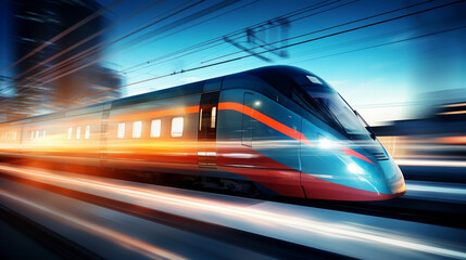 Naklejka premium High speed train on blurred motion railway at sunset